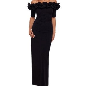 Xscape Black Ruffle Off-Shoulder Maxi Dress